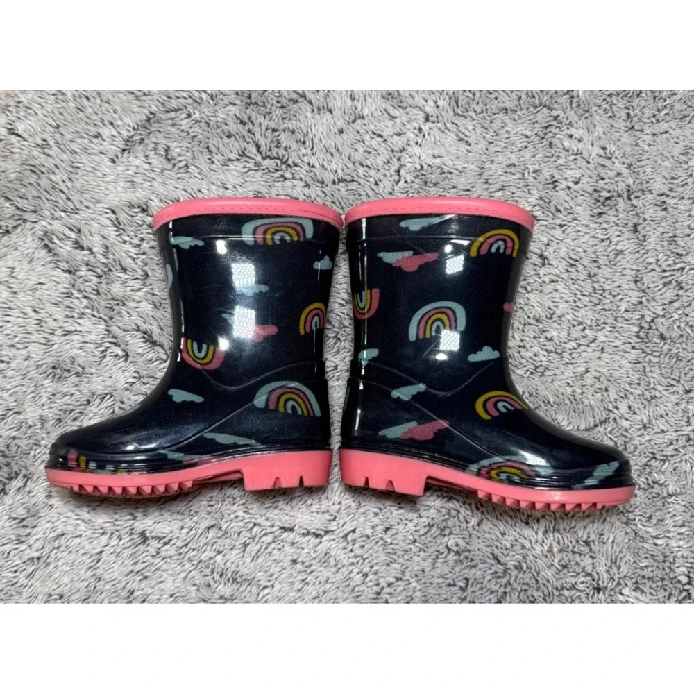 Carters Toddler Girls‎ Navy Rainbow Cloud Waterproof Rubber Rain Boots Sz 4 Baby